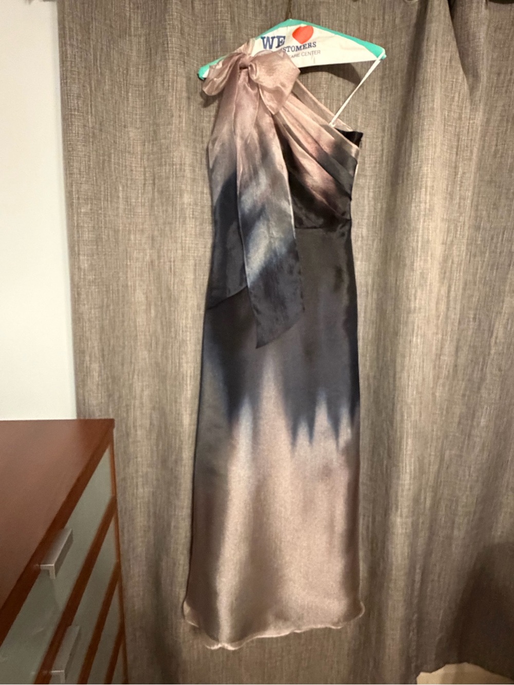 One-Shoulder Satin Evening Dress with Bow